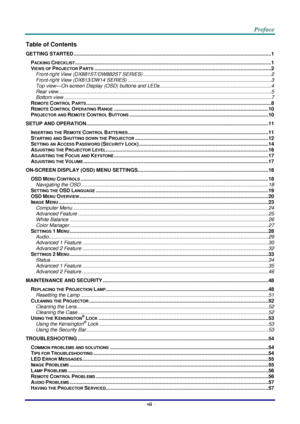 Page 8–vii – 
Table of Contents 
GETTING STARTED .............................................................................................................................................. 1 
PACKING CHECKLIST ............................................................................................................................................. 1 
VIEWS OF PROJECTOR PARTS ............................................................................................................................... 2...