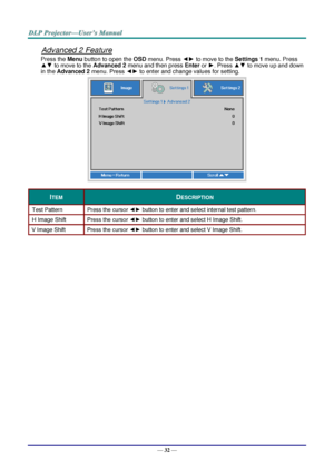 Page 41— 32 — 
Advanced 2 Feature 
Press the Menu button to open the OSD menu. Press ◄► to move to the Settings 1 menu. Press 
▲▼ to move to the Advanced 2 menu and then press Enter or ►. Press ▲▼ to move up and down 
in the Advanced 2 menu. Press ◄► to enter and change values for setting. 
 
ITEM DESCRIPTION 
Test Pattern Press the cursor ◄► button to enter and select internal test patternK 
H Image Shift Press the cursor ◄► button to enter and select H Image ShiftK 
V Image Shift Press the cursor ◄► button to...