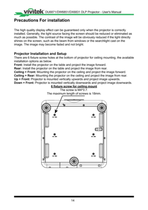 Page 1414
Precautions For installation
The high quality display effect can be guaranteed only when the projector is correctly 
installed� Generally, the light source facing the screen should be reduced or eliminated as \
much as possible� The contrast of the image will be obviously reduced if the light directl\
y 
shines on the screen, such as the beam from windows or the searchlight c\
ast on the 
image� The image may become faded and not bright�
Projector Installation and Setup
There are 6 fixture screw...