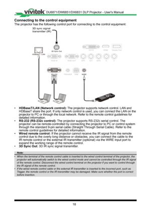 Page 1818
Connecting to the control equipment
The projector has the following control port for connecting to the contr\
ol equipment:
3D sync signal transmitter (IR)
• HDBaseT/LAN (Network control): The projector supports network control� LAN and 
HDBaseT share the port� If only network control is used, you can connect the LAN on the 
projector to PC or through the local network� Refer to the remote control guidelines for 
detailed information�
• RS-232 (RS-232c control): The projector supports RS-232c serial...