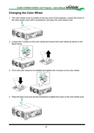 Page 4747
Changing the Color Wheel
1� The color wheel cover is located on the top cover of the projector� Loosen the screw of 
the color wheel cover with a screwdriver, and open the color wheel cover �
2� Loosen the 4 screws on the color wheel and remove the color wheel as sho\
wn in the 
figure below.

3� Put in the color wheel to be installed and tighten the 4 screws on the c\
olor wheel�

4� Place the lamp cover and use the screwdriver to tighten the screw on the\
 color wheel cover � 
DU6871/DW6851/DX6831...