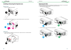 Page 224041
Replacing the Filter 
The timing of replacing the ﬁlter may vary depending on the dustiness of the environment. It is recommended 
to conduct regular check of the ﬁlter to achieve the best projector performance.
1. Follow the drawing to remove the cover. 
2. Take out the old ﬁlter. 
AB

3.  Insert the new ﬁlter.  Ensure to insert in the correct direction.   

AB
Black sideBlack sideWhite Side
Black sideBlack side
White Side

Installing or Removing the Projection Lens
Remove Lens
1. Remove the...