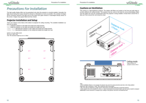 Page 81213
Cautions on Ventilation 
This product is a high-brightness projector. The intakes with ﬁlters are located on the front and right sides to 
provide sufﬁcient air cooling function. The projector has two vents on the back for cool air discharging. Make 
sure the intake and vent are unobstructed when the projector is being installed. At least 50cm around the in-
take and 70cm around the vent should be clear.
Distance must 
>50cm
Distance must 
>70cm
Distance must 
>50cm
Distance must 
>50cm
Ceiling...