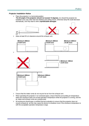 Page 4–iii – 
Projector Installation Notice 
 Place the projector in a horizontal position 
The tilt angle of the projector should not exceed 15 degrees, nor should the projector be 
installed in any way other than the desktop and ceiling mount, otherwise lamp life could decrease 
dramatically, and may lead to other unpredictable damages. 
     
 Allow at least 50 cm clearance around the exhaust vent. 
    
   
 
 Ensure that the intake vents do not recycle hot air from the exhaust vent. 
 When operating...