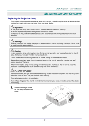 Page 56– 47 – 
MAINTENANCE AND SECURITY 
Replacing the Projection Lamp 
The projection lamp should be replaced when it burns out. It should only be replaced with a certified 
replacement part, which you can order from your local dealer.  
 Important: 
a. The projection lamp used in this product contains a small amount of mercury. 
b. Do not dispose this product with general household waste. 
c. Disposal of this product must be carried out in accordance with the regulations of your local  
authority. 
 Warning:...