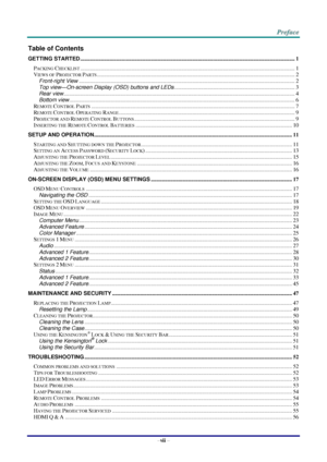 Page 8–vii – 
Table of Contents 
GETTING STARTED ........................................................................................................................................................... 1 
PACKING CHECKLIST ........................................................................................................................................................... 1 
VIEWS OF PROJECTOR PARTS...