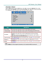 Page 42– 33 – 
Advanced 1 Feature 
Press the Menu button to open the OSD menu. Press ◄► to move to the Settings 2 menu. Press 
▲▼ to move to the Advanced 1 menu and then press Enter or ►. Press ▲▼ to move up and down 
in the Advanced 1 menu. Press ◄► to enter and change values for setting. 
 
ITEM DESCRIPTION 
Menu Position Press the cursor ◄► button to enter and select different OSD location. 
Translucent Menu Press the cursor ◄► button to enter and select OSD background translucent level.  
Low Power Mode...