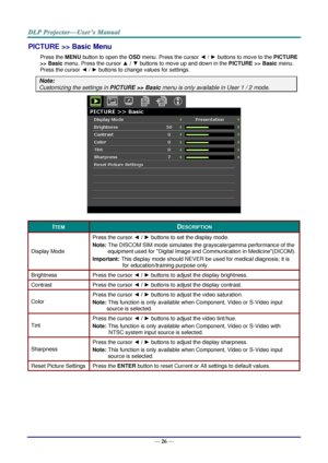 Page 35— 26 — 
PICTURE >> Basic Menu 
Press the MENU button to open the OSD menu. Press the cursor ◄ / ► buttons to move to the PICTURE 
>> Basic menu. Press the cursor ▲ / ▼ buttons to move up and down in the PICTURE >> Basic menu. 
Press the cursor ◄ / ► buttons to change values for settings. 
Note: 
Customizing the settings in PICTURE >> Basic menu is only available in User 1 / 2 mode. 
 
ITEM DESCRIPTION 
Display Mode 
Press the cursor ◄ / ► buttons to set the display mode.  
Note: The DISCOM SIM mode...