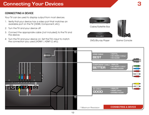 Page 193
12
Connecting Your Devices
ConneCting A DeviCe
CONNECTING A DEVICE
BeSt
HDMi CABLe• DIGITAL 
• HD VIDEO (1080p)* 
• HD AUDIO
gooD
Av CABLe • ANALOG 
• VIDEO (480i)* 
• STEREO AUDIO
BETTER
CoMPonent CABLe • ANALOG 
• HD VIDEO (1080i)* 
• STEREO AUDIO
* Maximum Resolution
Game Console
Cable/Satellite Box
DVD/Blu-ray Player
Your TV can be used to display output from most devices. 
1 . 
Verify that your device has a video port that matches an 
available port on the TV (HDMI, Component, etc).
2 .  Turn the...