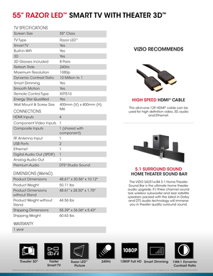 Page 2Trademarks shown are the property of their respective owners. Images used are for illustration purposes only. VIZIO, the V logo, Where Vision Meets Value, Razor LED and other VIZIO trademarks are the intellectual property of VIZIO Inc. Product features and specifications are subject to change without notice.  © 2012 VIZIO Inc. all rights reserved. rev 05102013
WARRANTY
1 year
CONNECTIONS
HDMI Inputs4
Component Video  Inputs1 
Composite Inputs1 (shared with 
component)
RF Antenna Input1
USB Ports2...
