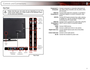 Page 112
3
Component 1/ 
Composite: Connect component or composite video/audio de-
vice. When using composite, use only yellow, white, 
and red ports.
RGB PC/ 
Component 2: Connect RGB cable from computer, or use RGB-to-
component adapter to connect component video 
device.
DTV/TV: Connect RF/Coaxial connector from cable, antenna, 
or satellite box. Use the included RF Adpater when 
connecting your RF/coaxial cable.
RGB PC/ 
Component 2   Audio In: Connect 3.5mm connector for audio when using the 
RGB PC port...