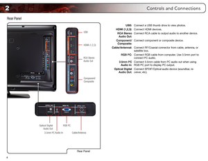 Page 122
4
Controls and Connections
USB:Connect a USB thumb drive to view photos.
HDMI (1,2,3): Connect HDMI devices.
RCA Stereo   
Audio Out: Connect RCA cable to output audio to another device.
Component/  Composite: Connect component or composite device. 
Cable/Antennal: Connect RF/Coaxial connector from cable, antenna, or 
satellite box.
RGB PC: Connect RGB cable from computer. Use 3.5mm port to 
connect PC audio.
3.5mm PC   
Audio In: Connect 3.5mm cable from PC audio out when using 
RGB PC port to display...
