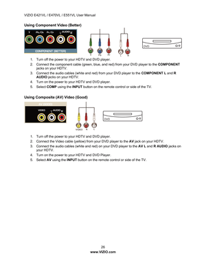 Page 27VIZIO E421VL / E470VL / E551VL User Manual 
 26 
www.VIZIO.com  
Using Component Video (Better) 
 
 
 
 
 
 
1.  Turn off the power to your HDTV and DVD player. 
2.  Connect the component cable (green, blue,  and red) from your DVD player to the COMPONENT 
jacks on your HDTV. 
3.  Connect the audio cables (white and red) from your DVD player to the  COMPONENT L  and  R 
AUDIO  jacks on your HDTV. 
4.  Turn on the power to your HDTV and DVD player. 
5. Select  COMP using the  INPUT button on the remote...