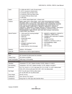 Page 64VIZIO E421VL / E470VL / E551VL User Manual 
Version 2/12/2010  63   
www.VIZIO.com  
Inputs  3 x HDMI with HDCP (1 with L/R audio inputs) 
1 x RF (F connector for internal tuner) 
1x Composite Video and Stereo Audio 
1x Component YPbPr plus Stereo Audio 
1x Computer RGB plus Stereo Audio 
1x USB (side) 
Outputs  1x 5.1 S/PDIF Optical Di gital Audio, 1x Stereo Audio  
Features MEMC,1080P FHDTV,120Hz PANEL , 10-BIT VIDEO PROCESSING,MTS STEREO 
DECODER, HDMI v1.3, 3D COMB FILTER, DIGITAL AUDIO AMPLIFIER,...