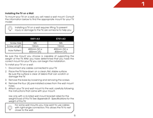 Page 111
5
Installing the TV on a Wall
To mount your TV on a wall, you will need a wall mount. Consult 
the information below to find the appropriate mount for your TV 
model:Installing a TV on a wall requires lifting. To prevent 
injury or damage to the TV, ask someone to help you.
E601i-A3 E701i-A3
Screw Size: M6 M6
Screw Length: 10mm 10mm
Hole Pattern: 400mm (V) x 
 
400mm (H) 400mm (V) x 
 
400mm (H)
Be sure the mount you choose is capable of supporting the 
weight of the TV. After you have determined that...
