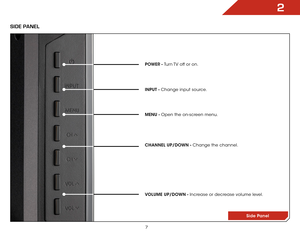 Page 132
7
Side Panel
Side Panel
POWER - Turn TV off or on.
MENU - Open the on-screen menu.
CHANNEL UP/DOWN - Change the channel.
VOLUME UP/DOWN - Increase or decrease volume level. INPUT - Change input source.  