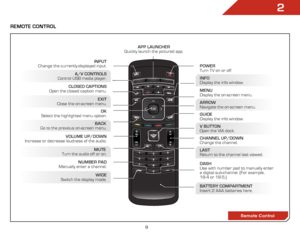 Page 152
9
Remote ContRol
Remote Control
inPut 
Change the currently-displayed input.
aRR ow  
Navigate the on-screen menu.exit 
Close the on-screen menu.
CloSed CaPtionS 
Open the closed caption menu.
a/V ContR olS 
Control USB media player.
wide 
Switch the display mode.
mute 
Turn the audio off or on.
BaCk 
Go to the previous on-screen menu.
PoweR 
Turn TV on or off.
menu 
Display the on-screen menu.
inF o  
Display the info window.
daSh 
Use with number pad to manually enter 
a digital sub-channel. (For...