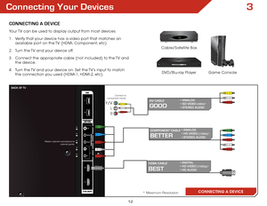 Page 183
12
AUDIO OUT
Connecting Your Devices
ConneCting A DeviCe
CONNECTING A DEVICE
BeSt
HDMi CABLe• DIGITAL 
• HD VIDEO (1080p)* 
• HD AUDIO
BetteR
CoMPonent CABLe • ANALOG 
• HD VIDEO (1080i)* 
• STEREO AUDIO
* Maximum Resolution
gooD
Av CABLe • ANALOG 
• SD VIDEO (480i)* 
• STEREO AUDIO
Game Console
Cable/Satellite Box
DVD/Blu-ray Player
Your TV can be used to display output from most devices. 
1 . 
Verify that your device has a video port that matches an 
available port on the TV (HDMI, Component, etc).
2...