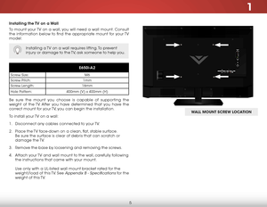 Page 111
5
Installing the TV on a Wall
To mount your TV on a wall, you will need a wall mount. Consult 
the information below to find the appropriate mount for your TV 
model:
Installing a TV on a wall requires lifting. To prevent 
injury or damage to the TV, ask someone to help you.
e650i-a2
Screw Size:M6
Screw Pitch: 1mm
Screw Length: 16mm
Hole Pattern: 400mm (V) x 400mm (H)
Be sure the mount you choose is capable of supporting the 
weight of the TV. After you have determined that you have the 
correct mount...