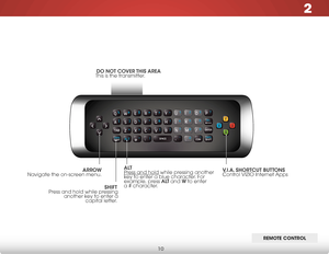 Page 162
10
 
ARROW 
Navigate the on-screen menu.
SHIFT 
Press and hold while pressing  another key to enter a   
capital letter.
A lT
Press and hold while pressing another 
key to enter a blue character. For 
example, press A LT  and W to enter  
a # character.V.I.A. SHORTCUT BUTTOnS 
Control VIZIO Internet Apps
DO nOT COVER  THIS AREA
This is the transmitter.
REMOTE COnTROl                