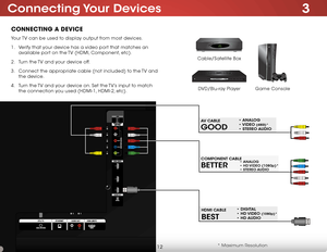 Page 183
12
Connecting Your  Devices
VOL VOL  ^ CH   CH    ^ MENU INPUT
^
^
ConneCting A DeviCe
BETTER
COMPONENT CABLE• ANALOG • HD VIDEO (1080p)* • STEREO AUDIO
BEST
HDMI CABLE
• DIGITAL 
•  HD VIDEO (1080p)* 
• HD AUDIO
GOOD
AV CABLE
• ANALOG 
• VIDEO (480i)* 
• STEREO AUDIO
* Maximum Resolution
Game Console
Cable/Satellite Box
DVD/Blu-ray Player
Your TV can be used to display output from most devices. 
1 . 
Verify that your device has a video port that matches an 
available port on the TV (HDMI, Component,...