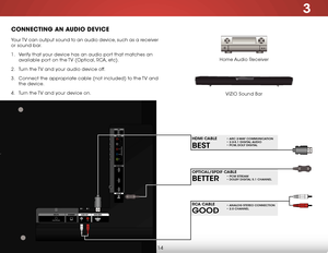 Page 203
14
VOL VOL  ^ CH   CH    ^ MENU INPUT
^
^
ConneCting An AuDio DeviCe
Home Audio Receiver
VIZIO Sound Bar
Your TV can output sound to an audio device, such as a receiver 
or sound bar. 
1 . 
Verify that your device has an audio port that matches an 
available port on the TV (Optical, RCA, etc).
2 .  Turn the TV and your audio device off.
3 .  Connect the appropriate cable (not included) to the TV and 
the device.
4 .  Turn the TV and your device on.
BETTER
OPTICAL/SPDIF CABLE• PCM STREAM • DOLBY DIGITAL...