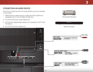 Page 193
12
ConneCting An AuDio DeviCe
Home Audio Receiver
VIZIO Sound Bar
Your TV can output sound to an audio device, such as a receiver 
or sound bar. 
1 . 
Verify that your device has an audio port that matches an 
available port on the TV (Optical, RCA, etc).
2 .  Turn the TV and your audio device off.
3 .  Connect the appropriate cable (not included) to the TV and 
the device.
4 .  Turn the TV and your device on.
BETTER
OPTICAL/SPDIF CABLE• PCM STREAM • DOLBY DIGITAL 5.1 CHANNEL • DTS 5.1 CHANNEL
BEST...