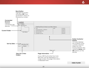 Page 506
43
Date New-Old
View:Sort:
Video
MyFlashDrive\Video
oot\My Videos
USB1: MyFlashDrive
My Videos
Page 1 of 1
VIZIO
Page information
If your USB thumb drive has more 
files than can be displayed on a 
single screen, the page information 
is displayed here.
Connected 
Sources
 
Displays 
connected USB 
devices.
Current Folder Back Button 
 
Highlight this button 
and press OK if you 
would like to return to 
the previous screen.
VideO Player
Folders
Sort by date
FileDate Duration#
Family Vacation -...