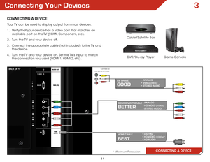 Page 173
11
Connecting Your Devices
ConneCting A DeviCe
CONNECTING A DEVICE
BeSt
HDMi CABLe• DIGITAL 
• HD VIDEO (1080p)* 
• HD AUDIO
BetteR
CoMPonent CABLe • ANALOG 
• HD VIDEO (1080i)* 
• STEREO AUDIO
* Maximum Resolution
gooD
Av CABLe • ANALOG 
• VIDEO (480i)* 
• STEREO AUDIO
Game Console
Cable/Satellite Box
DVD/Blu-ray Player
Your TV can be used to display output from most devices. 
1 . 
Verify that your device has a video port that matches an 
available port on the TV (HDMI, Component, etc).
2 .  Turn the...