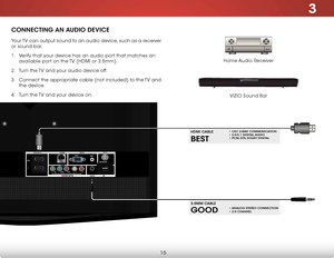 Page 213
15
ConneCTing an audio deViCe
Home Audio Receiver
VIZIO Sound Bar
Your TV can output sound to an audio device, such as a receiver 
or sound bar. 
1 . 
Verify that your device has an audio port that matches an 
available port on the TV (HDMI or 3.5mm).
2 .  Turn the TV and your audio device off.
3 .  Connect the appropriate cable (not included) to the TV and 
the device.
4 .  Turn the TV and your device on.
BesT
hdmi C aBle• CeC 2-W aY CommuniC aTion • 2.0-5.1 digiT al audio • PCm, dTs , dolBY digiT al...