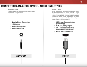 Page 223
16
HDMI CABLE
HDMI technology transmits crystal-clear digital 
multi-channel surround audio through a single 
HDMI cable. Audio Return Channel-enabled 
(ARC) TVs allow audio to be sent over an already 
connected HDMI cable, eliminating the need 
for a separate audio cable. See 
Connecting an 
Audio Device - ARC
 on page 17.
3.5MM CABLE
3.5mm cables (or headset cables) send stereo 
signals over a single cable.
good
•  CeC 2-way Communication   
(a uto setup)
•  PCm, dTs , dolby digital
•  2.0-5.1...