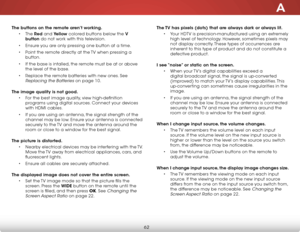 Page 68a
62
The buttons on the remote aren’t working.• The  red and Yellow colored buttons below the V 
button do not work with this television.
•  Ensure you are only pressing one button at a time.
•  Point the remote directly at the TV when pressing a 
button.
•  If the base is intalled, the remote must be at or above 
the level of the base.
•  Replace the remote batteries with new ones. See 
Replacing the Batteries on page 10. 
The image quality is not good. • For the best image quality, view high-definition...