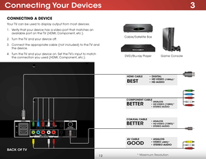 Page 183
12
Connecting Your devices
ConneCting a DeviCe
Game Console
Cable/Satellite Box
DVD/Blu-ray Player
Your TV can be used to display output from most devices. 
1 . 
Verify that your device has a video port that matches an 
available port on the TV (HDMI, Component, etc.).
2 .  Turn the TV and your device off.
3 .  Connect the appropriate cable (not included) to the TV and 
the device.
4 .  Turn the TV and your device on. Set the TV’s input to match 
the connection you used (HDMI, Component, etc.).
BeTTer...