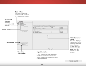 Page 596
53
Date New-Old
View:Sort:
Video
MyFlashDrive\Video
oot\My Videos
USB1: MyFlashDrive
My Videos
Page 1 of 1
VIZIO
Page information
If your USB thumb drive has more 
files than can be displayed on a 
single screen, the page information 
is displayed here.
Connected 
sources
 
Displays 
connected USB 
devices.
Current f older Back Button 
 
Highlight this button 
and press ok to return 
to the previous screen.
View all or 
View f olders
Video Pla Yer
Folders
sort by date
FileDate Duration#
Family Vacation...