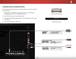 Page 193
13
ConneCting An AuDio DeviCe
Home Audio Receiver
VIZIO Sound Bar
Your TV can output sound to an audio device, such as a receiver 
or sound bar. 
1 . 
Verify that your device has a video port that matches an 
available port on the TV (HDMI, RCA, etc).
2 .  Turn the TV and your audio device off.
3 .  Connect the appropriate cable (not included) to the TV and 
the device.
4 .  Turn the TV and your device on.
BETTER
OPTICAL/SPDIF CABLE• PCM STREAM • DOLBY DIGITAL 5.1 CHANNEL • DTS 5.1 CHANNEL
BEST
HDMI...