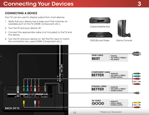 Page 183
12
Connecting Your  Devices
CONNECTING A DEVICE
Game Console
Cable/Satellite BoxDVD/Blu-ray Player
Your TV can be used to display output from most devices. 
1 . 
Verify that your device has a video port that matches an 
available port on the TV (HDMI, Component, etc.).
2 .  Turn the TV and your device off.
3 .  Connect the appropriate cable (not included) to the TV and 
the device.
4 .  Turn the TV and your device on. Set the TV’s input to match 
the connection you used (HDMI, Component, etc.).
BETTER...