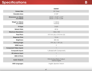 Page 53B
47
Specifications
E320-B1
Screen Size: 32" Class
Viewable Area: 31.50"
Dimensions w/ Stand:  
w/o Stand: 28.56" x 18.69" x 6.87"
 
28.56" x 17.00" x 2.48"
Weight w/ Stand: w/o Stand: 11.46 lbs
10.80 lbs
TV Type: D-LED
Refresh Rate: 60 Hz
Maximum Resolution: 1366 x 768
Pixel Pitch: .510 mm (H) x .510 mm (V)
Response Time: 13 ms
Brightness: 300 nits
Viewing Angle: 178° (H) / 178° (V)
HDMI Inputs: 2
Component Video  Inputs: 1
Composite Inputs: 1 (Shared with Component)
RF...