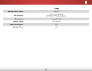 Page 54B
48
E320-B1
Remote Control Model: XRT020
Certifications: UL/CUL, FCC Class B, 
 
HDMI (CEC, ARC), Dolby Digital
Compliance: Energy Star 6.0
Voltage Range: 120V @ 60 Hz
Power Consumption: 32W
Standby Power: 