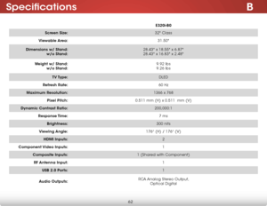 Page 68B
62
Specifications
E320i-B0
Screen Size: 32" Class
Viewable Area: 31.50"
Dimensions w/ Stand: w/o Stand: 28.43" x 18.55" x 6.87"
28.43" x 16.83" x 2.48"
Weight w/ Stand: w/o Stand: 9.92 lbs
9.26 lbs
TV Type: DLED
Refresh Rate: 60 Hz
Maximum Resolution: 1366 x 768
Pixel Pitch: 0.511 mm (H) x 0.511  mm (V)
Dynamic Contrast Ratio: 200,000:1
Response Time: 7 ms
Brightness: 300 nits
Viewing Angle: 176° (H) / 176° (V)
HDMI Inputs: 2
Component Video  Inputs: 1
Composite Inputs:...