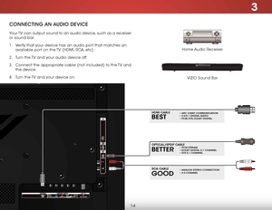 Page 203
14
CONNECTING AN AUDIO DEVICE
Home Audio Receiver
VIZIO Sound Bar
Your TV can output sound to an audio device, such as a receiver 
or sound bar. 
1 . 
Verify that your device has an audio port that matches an 
available port on the TV (HDMI, RCA, etc).
2 .  Turn the TV and your audio device off.
3 .  Connect the appropriate cable (not included) to the TV and 
the device.
4 .  Turn the TV and your device on.
BETTER
OPTICAL/SPDIF CABLE• PCM STREAM • DOLBY DIGITAL 5.1 CHANNEL • DTS 5.1 CHANNEL
BEST
HDMI...