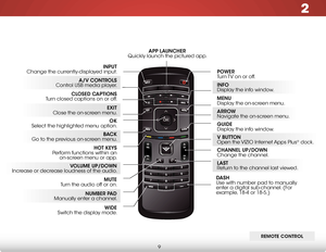 Page 152
9
REMOTE CONTROL
REMOTE CONTROL
VOLUME UP/DOWN 
Increase or decrease loudness of the audio.
V BUTTON 
Open the VIZIO Internet Apps Plus® dock.
INPUT 
Change the currently-displayed input.
ARROW  
Navigate the on-screen menu.
EXIT 
Close the on-screen menu.
CLOSED CAPTIONS 
Turn closed captions on or off.
A/V CONTROLS 
Control USB media player.
NUMBER PAD 
Manually enter a channel.
BAC K 
Go to the previous on-screen menu.
POWER 
Turn TV on or off.
MENU 
Display the on-screen menu.
INFO  
Display the...