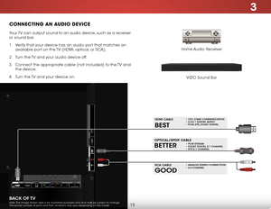 Page 213
15
ConneCtInG an audIo deVICe
Home Audio Receiver
VIZIO Sound Bar
Your TV can output sound to an audio device, such as a receiver 
or sound bar. 
1 . 
Verify that your device has an audio port that matches an 
available port on the TV (HDMI, optical, or RCA).
2 .  Turn the TV and your audio device off.
3 .  Connect the appropriate cable (not included) to the TV and 
the device.
4 .  Turn the TV and your device on.
BesT
hdmi C aBle• CeC 2-W aY CommuniC aTion • 2.0-5.1 digiT al audio • PCm, dTs , dolBY...