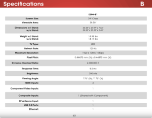 Page 69B
63
specifications
e390i-B1
screen size: 39" Class
Viewable area: 38.50”
dimensions w/ stand:  
w/o stand:
34.56” x 21.97” x 7.64”  
34.56” x 20.32” x 2.48”
Weight w/ stand: w/o stand: 14.99 lbs
14.11 lbs
TV Type: LED
refresh rate: 120 Hz
maximum resolution: 1920 x 1080 (1080p)
Pixel Pitch: 0.44475 mm (H) x 0.44475 mm (V)
dynamic Contrast ratio: 2,000,000:1
response Time: 8.5 ms
Brightness: 300 nits
Viewing angle: 176° (H) / 176° (V)
hdmi inputs: 3
Component Video  inputs: 1
Composite inputs: 1...