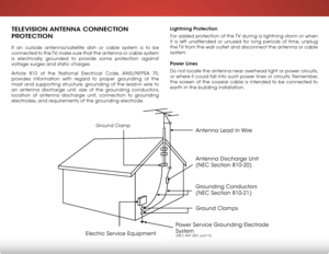 Page 6 
TELEVISION ANTENNA CONNECTION 
PROTECTION
If an outside antenna/satellite dish or cable system is to be 
connected to the TV, make sure that the antenna or cable system 
is electrically grounded to provide some protection against 
voltage surges and static charges.
Article 810 of the National Electrical Code, ANSI/NFPSA 70, 
provides information with regard to proper grounding of the 
mast and supporting structure, grounding of the lead-in wire to 
an antenna discharge unit, size of the grounding...