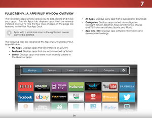 Page 627
56
FULLSCREEN V.I.A.  APPS  PLUS® WINDOW OVERVIEW
The fullscreen apps window allows you to add, delete and move 
your apps.  The My Apps tab displays apps that are already 
installed on your TV.  The first four rows of apps on the page are 
featured in the V.I.A. Plus App Dock. 
The following tabs are located at the top of your Fullscreen V.I.A. 
Apps Window:• My Apps:  Displays apps that are installed on your TV.
•  Featured:  Displays apps that are recommended by Yahoo!
•  Latest:  Displays apps that...