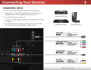 Page 173
11
Connecting Your devices
ConneCting a DeviCe
* Maximum Resolution
Game Console
Cable/Satellite Box
DVD/Blu-ray Player
Your TV can be used to display output from most devices. 
1 . 
Verify that your device has a video port that matches an 
available port on the TV (HDMI, Component, etc.).
2 .  Turn the TV and your device off.
3 .  Connect the appropriate cable (not included) to the TV and 
the device.
4 .  Turn the TV and your device on. Set the TV’s input to match 
the connection you used (HDMI-1,...