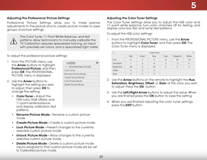 Page 315
25
adjusting the Professional Picture settings
Professional Picture Settings allow you to make precise 
adjustments to the picture and to create picture modes to save 
groups of picture settings.
The Color Tuner, 11 Point White Balance, and test 
patterns allow technicians to manually calibrate the 
TV. Calibration requires specialized training, an input 
with precisely set colors, and a specialized light meter.
To adjust the professional picture settings:
1 . From the PICTURE menu, use 
the  arrow...