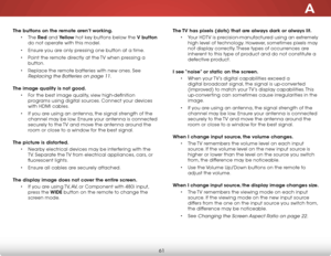 Page 67a
61
The buttons on the remote aren’t working.• The  red and Yellow hot key buttons below the V button  
do not operate with this model.
•  Ensure you are only pressing one button at a time.
•  Point the remote directly at the TV when pressing a 
button.
•  Replace the remote batteries with new ones. See 
Replacing the Batteries on page 11. 
The image quality is not good. • For the best image quality, view high-definition 
programs using digital sources. Connect your devices 
with HDMI cables.
•  If you...