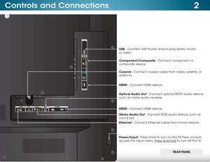 Page 122Controls and Connections
REAR PANEL
Ethernet - Connect Ethernet cable from home network. Coaxial - Connect coaxial cable from cable, satellite, or 
antenna.
Optical Audio Out - Connect optical/SPDIF audio device, 
such as home audio receiver.
Stereo Audio Out - Connect RCA audio device, such as 
sound bar. Component/Composite - Connect component or 
composite device. USB - Connect USB thumb drive to play photo, music, 
or video.
HDMI - Connect HDMI device.
REAR PANEL
HDMI - Connect HDMI device....