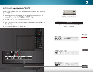 Page 193
13
CONNECTING AN AUDIO DEVICE
Home Audio Receiver
VIZIO Sound Bar
Your TV can output sound to an audio device, such as a receiver 
or sound bar. 
1 . 
Verify that your device has an audio port that matches an 
available port on the TV (Optical, RCA, etc).
2 .  Turn the TV and your audio device off.
3 .  Connect the appropriate cable (not included) to the TV and 
the device.
4 .  Turn the TV and your device on.
BEST
HDMI CABLE• ARC 2-WAY COMMUNICATION • 2.0-5.1 DIGITAL AUDIO • PCM, DTS, DOLY DIGITAL...